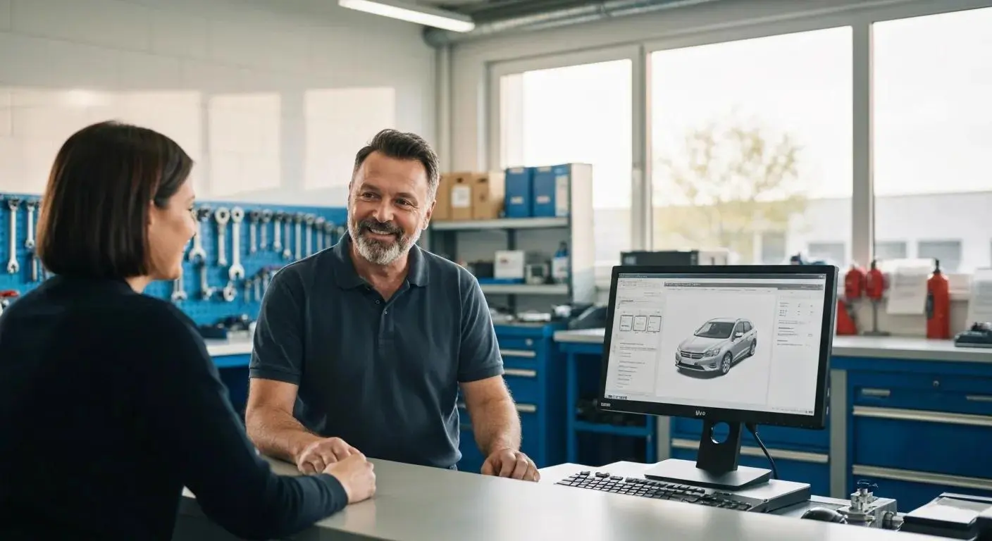 Mechanic explaining service details to a customer at the service desk in a welcoming automotive workshop