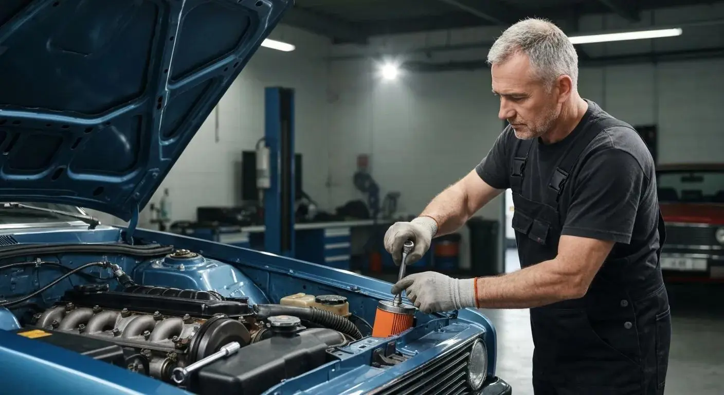Mechanic performing oil and filter replacement during car servicing