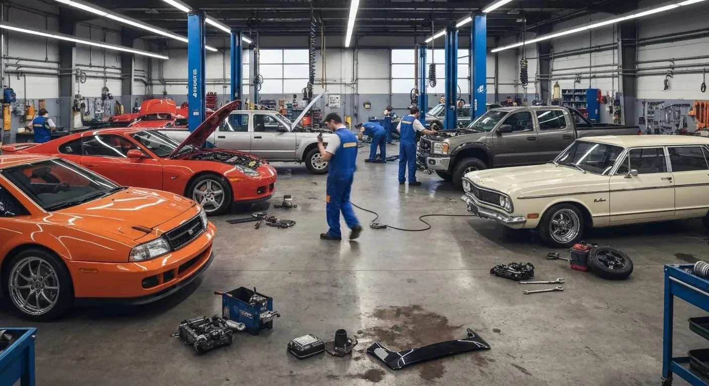 Fleet of vehicles being serviced in a busy mechanic workshop